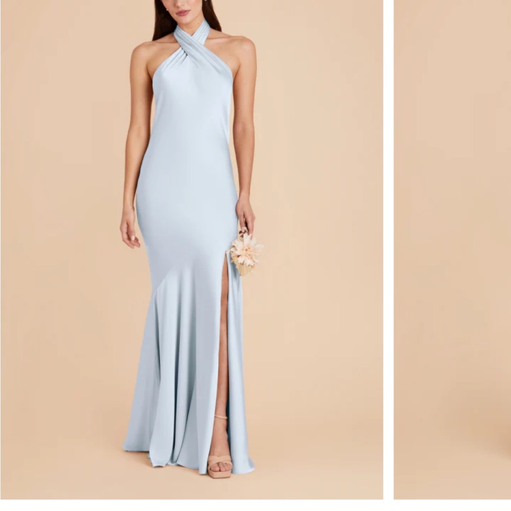 Stephanie Dress
Matte Satin Mist Blue
 Light Blue Halter Maxi Dress